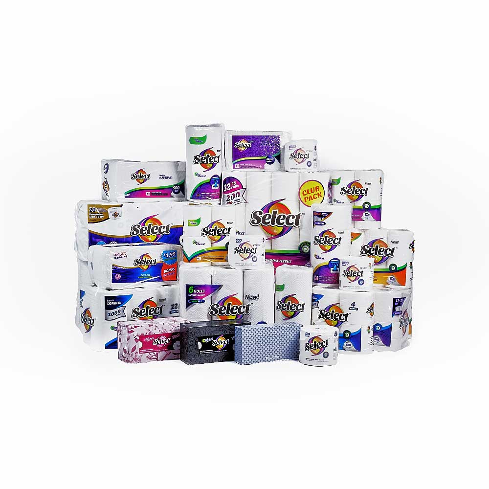 Group of facial tissue, paper towels, napkins and bath tissue products